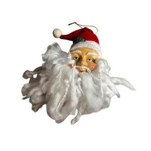 Santa Face Hanging Christmas Ornament‎ Plastic Face Plush Hat Yarn Beard 14.5x9